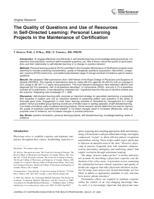 (PDF) The quality of questions and use of resources in self-directed ...