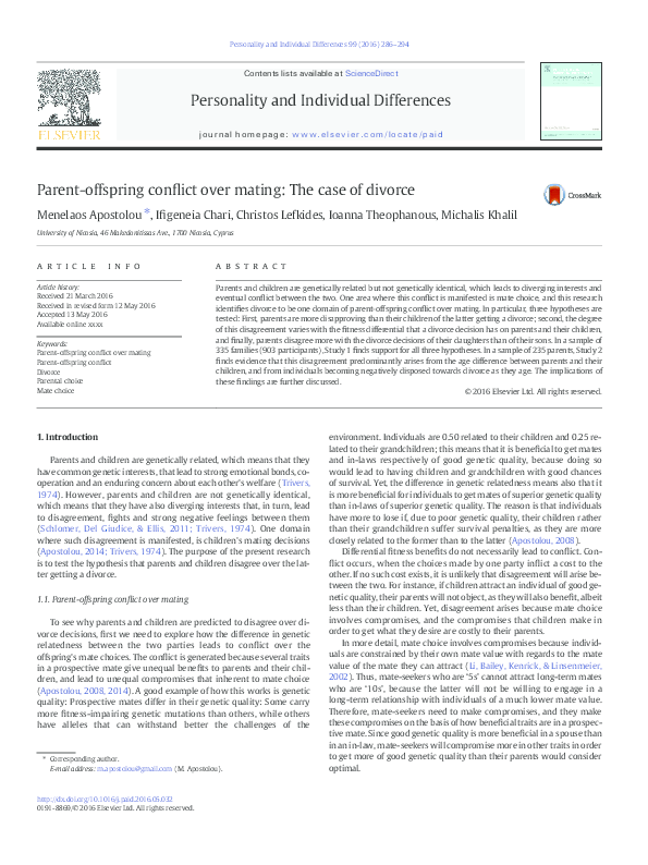 (PDF) Parent-offspring conflict over mating: The case of divorce