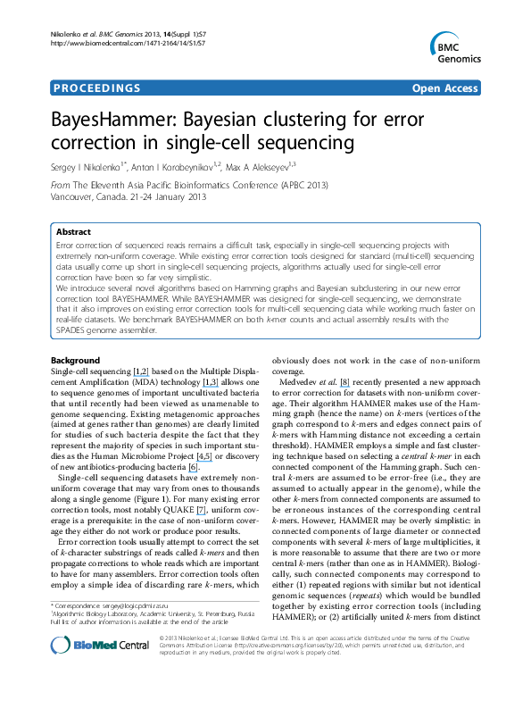 (PDF) BayesHammer: Bayesian clustering for error correction in single ...