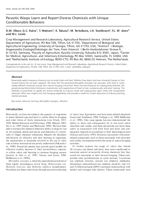 (PDF) Parasitic Wasps Learn and Report Diverse Chemicals with Unique ...