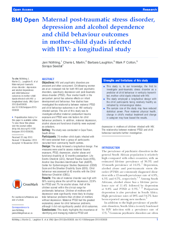 (PDF) Maternal post-traumatic stress disorder, depression and alcohol ...