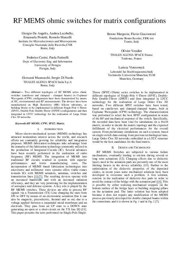 (PDF) RF MEMS ohmic switches for matrix configurations