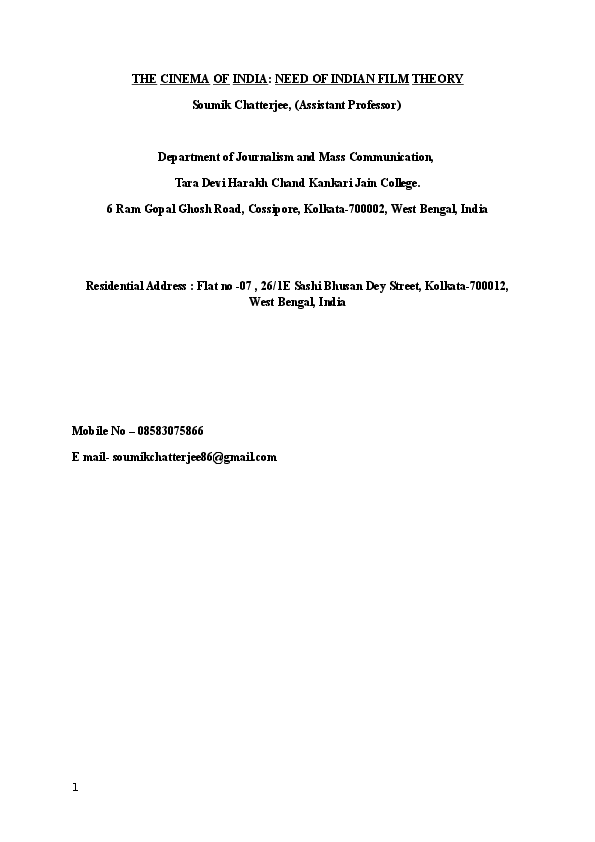 Doc The Cinema Of India Need Of Indian Film Theory