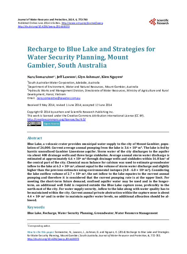 (PDF) Recharge to Blue Lake and Strategies for Water Security Planning ...