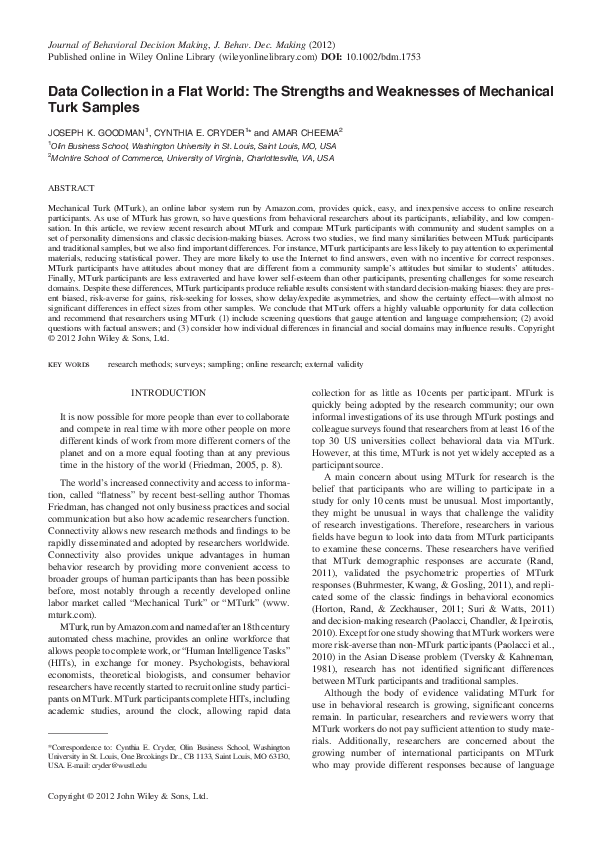 (PDF) Data Collection in a Flat World Strengths and Weaknesses of Mechanical Turk Samples
