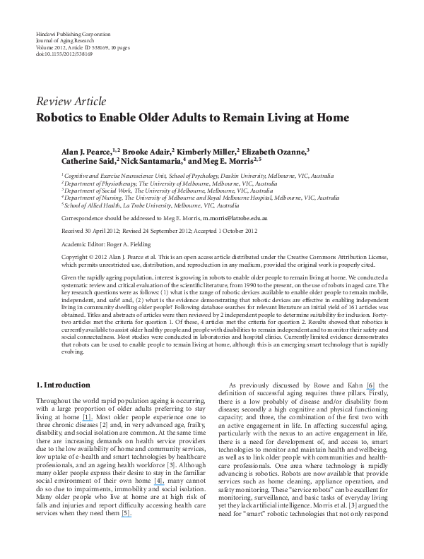 (PDF) Robotics to Enable Older Adults to Remain Living at Home