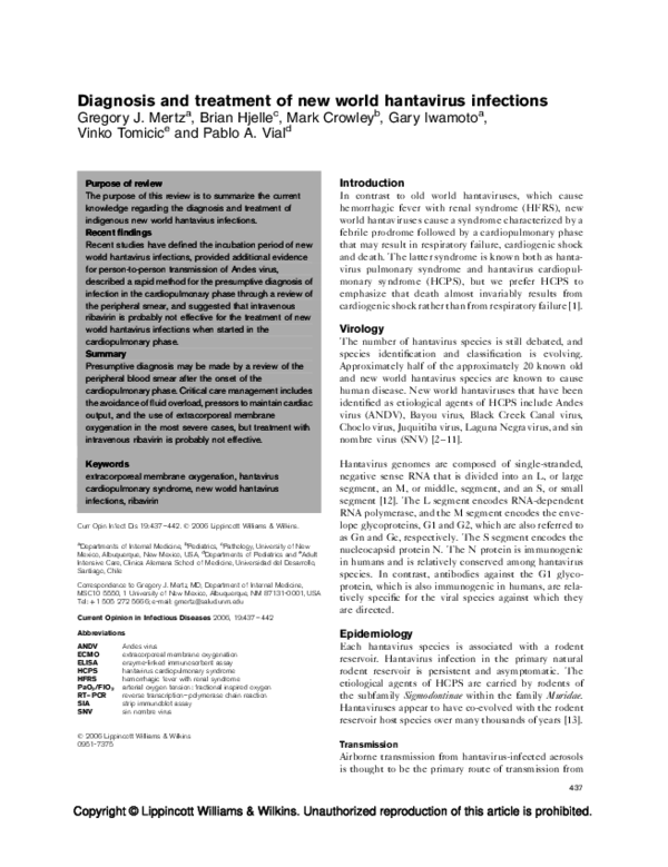 (PDF) Diagnosis and treatment of new world hantavirus infections