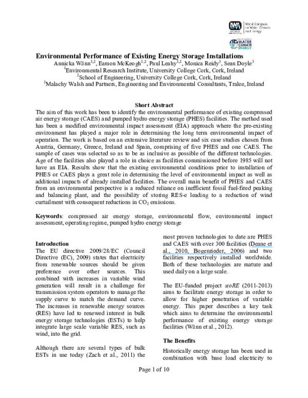 (PDF) Environmental Performance of Existing Energy Storage Installations