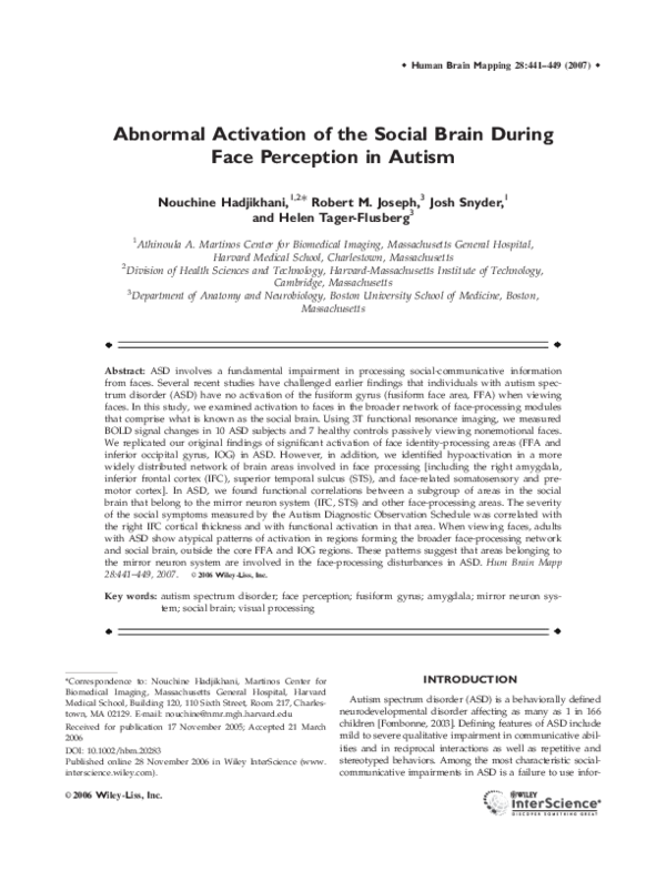(PDF) Abnormal activation of the social brain during face perception in ...