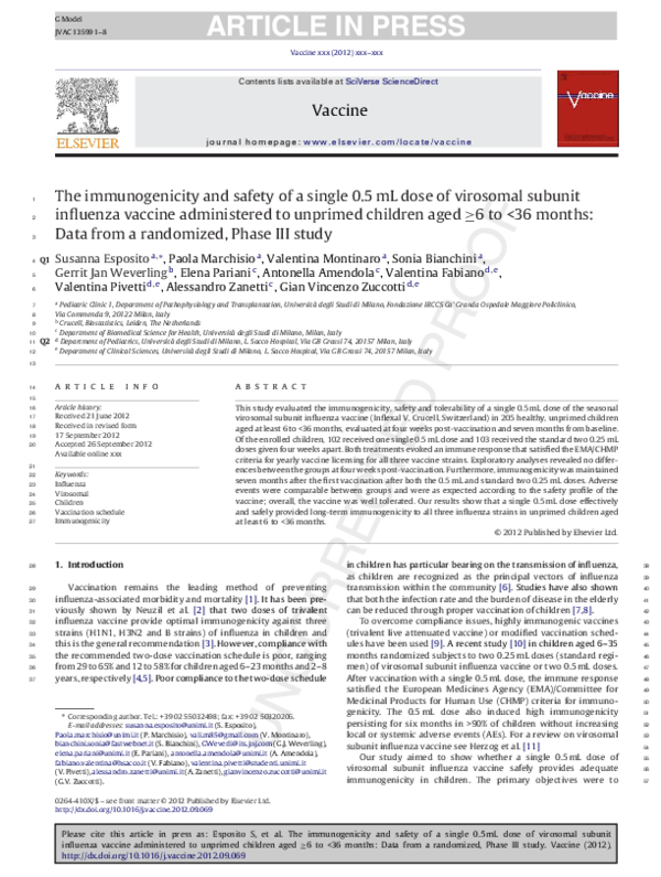 (PDF) The immunogenicity and safety of a single 0.5mL dose of virosomal ...