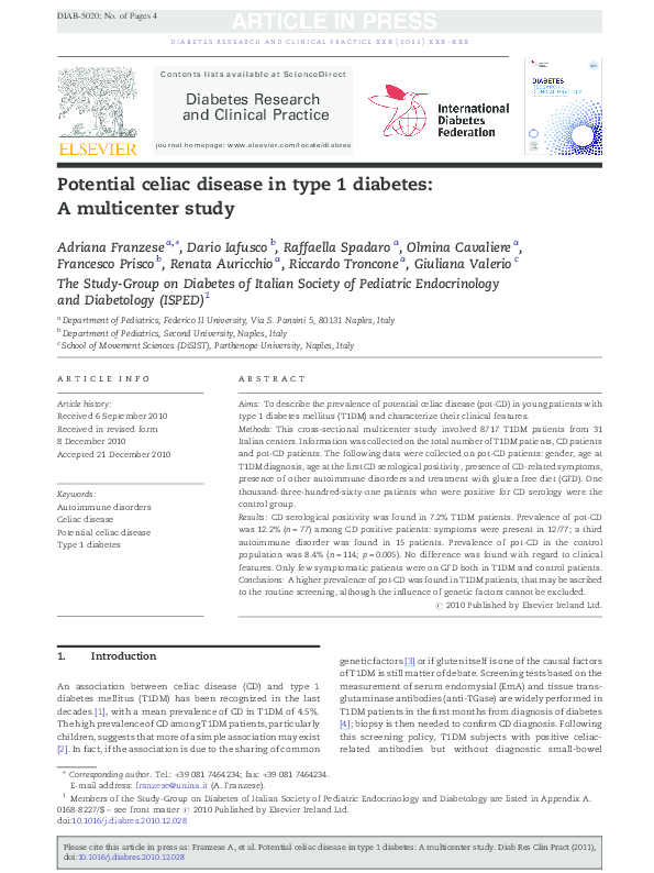 (PDF) Potential celiac disease in type 1 diabetes: A multicenter study