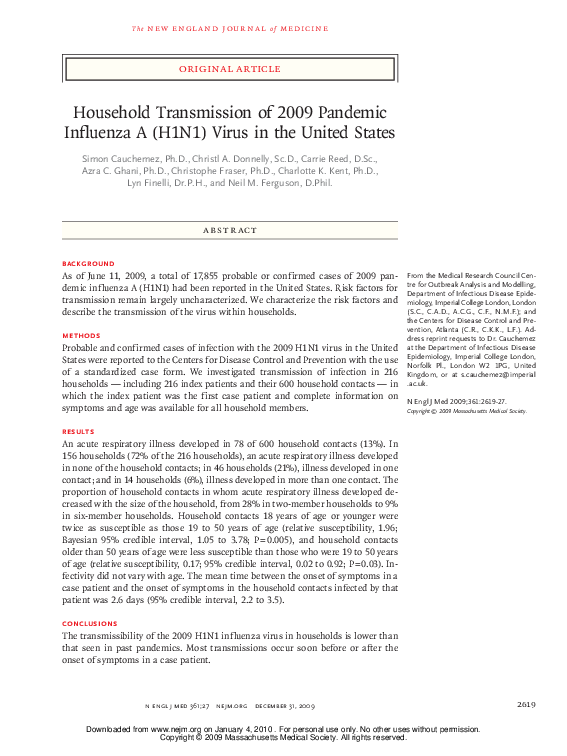 (PDF) Household transmission of 2009 pandemic influenza A (H1N1) virus ...