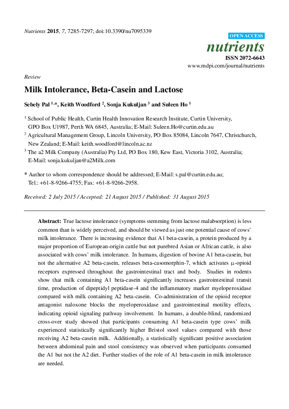 (PDF) Milk Intolerance, BetaCasein and Lactose K. Woodford, Sonja