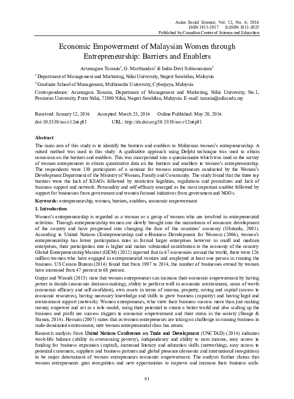 (PDF) Economic Empowerment of Malaysian Women through Entrepreneurship ...