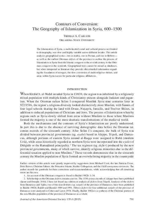 Contours of Conversion: The Geography of Islamization in Syria, 600-1500
