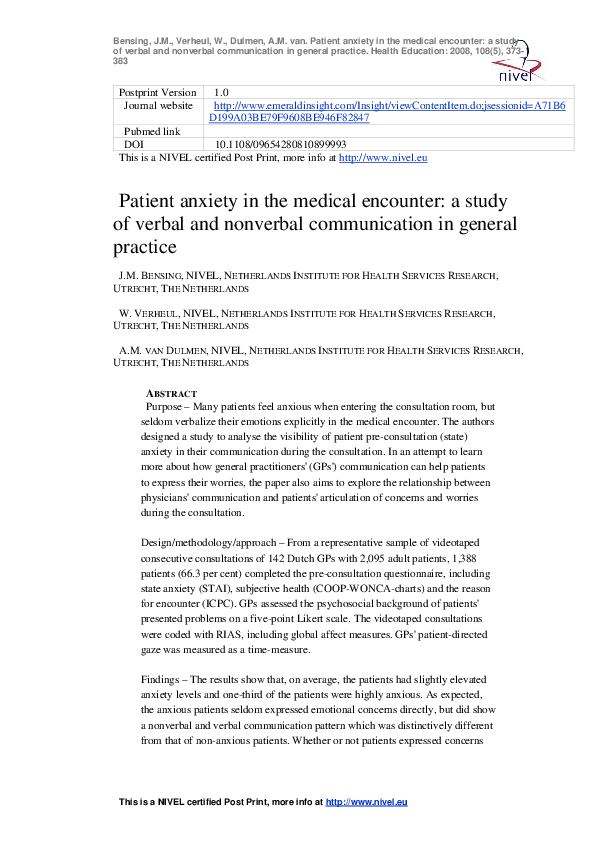 (PDF) Patient anxiety in the medical encounter: A study of verbal and ...