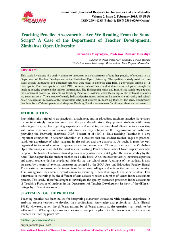 Pdf Teaching Practice Assessment Are We Reading From The Same Script A Case Of The Pdf Teaching Practice Assessment Are We Reading From The Same Script A Case Of The