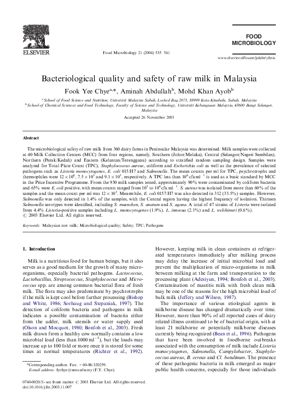 (PDF) Bacteriological quality and safety of raw milk in Malaysia