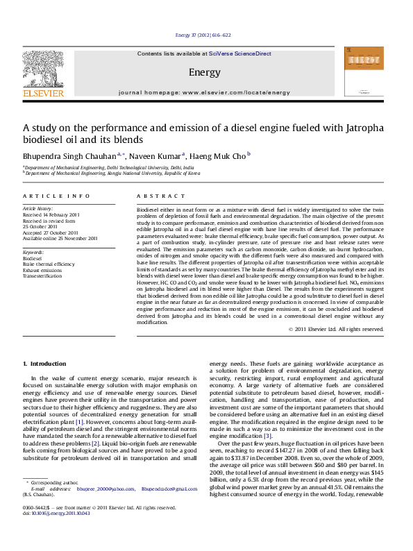 (PDF) A study on the performance and emission of a diesel engine fueled ...