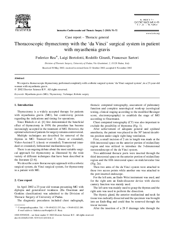 (PDF) Thoracoscopic thymectomy with the 'da Vinci' surgical system in