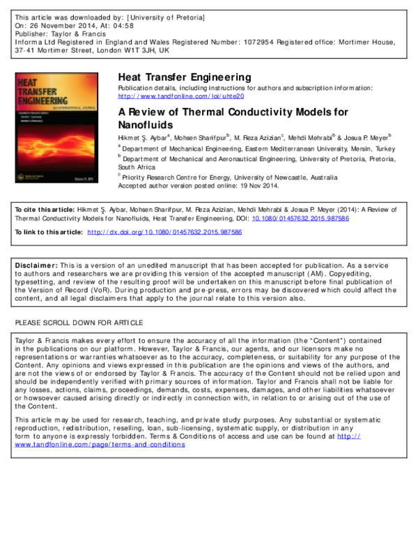 (PDF) A Review of Thermal Conductivity Models for Nanofluids.