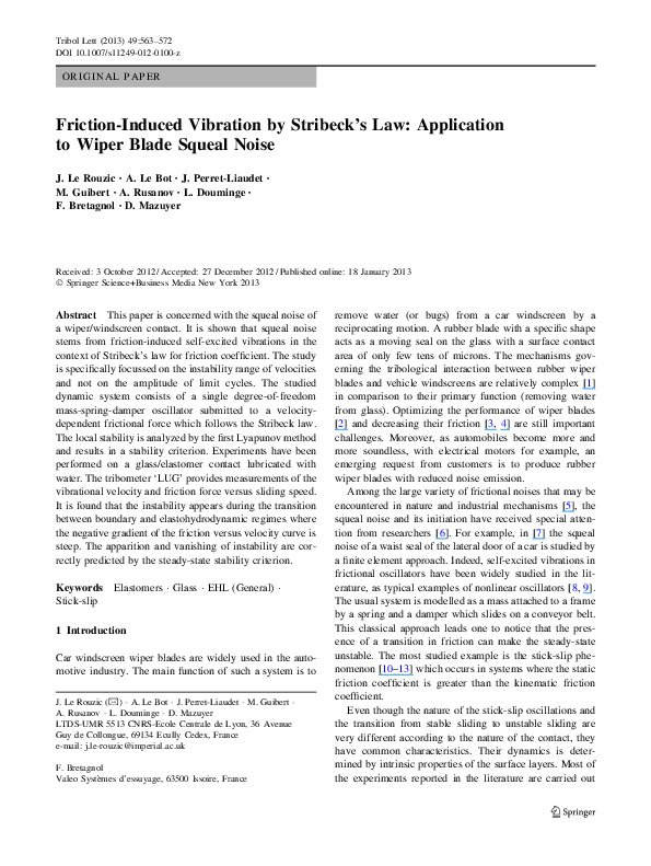 (PDF) FrictionInduced Vibration by Stribeck’s Law Application to
