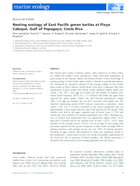 (PDF) Nesting ecology of East Pacific green turtles at Playa Cabuyal ...