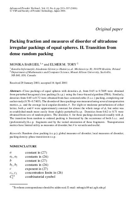 (PDF) Packing fraction and measures of disorder of ultradense irregular ...