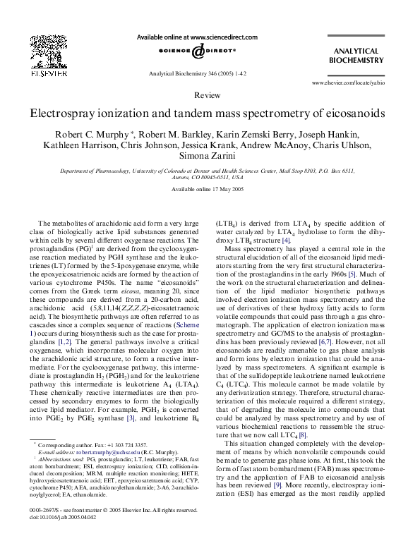 (PDF) Electrospray ionization and tandem mass spectrometry of eicosanoids