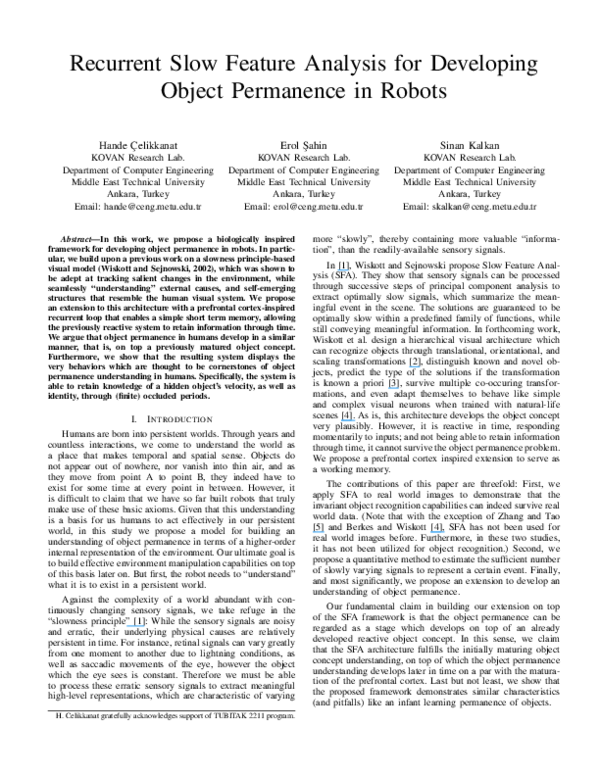 (PDF) Recurrent Slow Feature Analysis for Developing Object Permanence ...