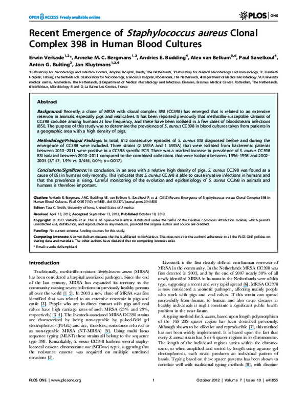 (PDF) Recent Emergence of Staphylococcus aureus Clonal Complex 398 in ...