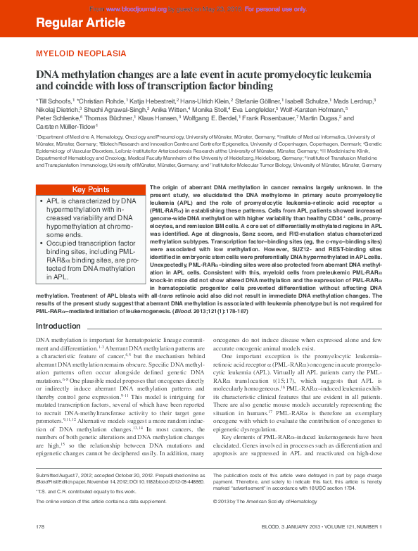 Pdf Dna Methylation Changes Are A Late Event In Acute Promyelocytic Leukemia And Coincide With Loss Of Transcription Factor Binding Isabell Schulze Academia Edu