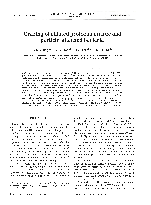 (PDF) Grazing of ciliated protozoa on free and particle-attached bacteria