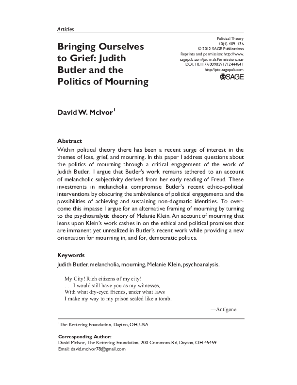 (PDF) Bringing Ourselves to Grief Judith Butler and the Politics of ...