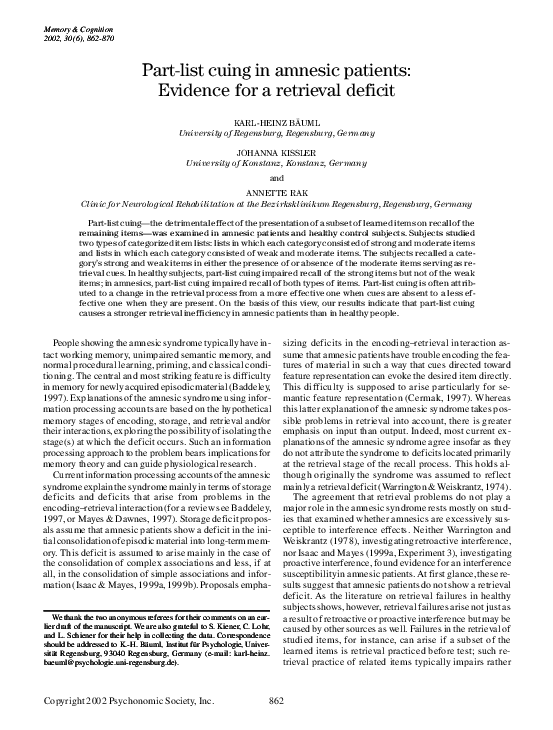 (PDF) Part-list cuing in amnesic patients: Evidence for a retrieval deficit