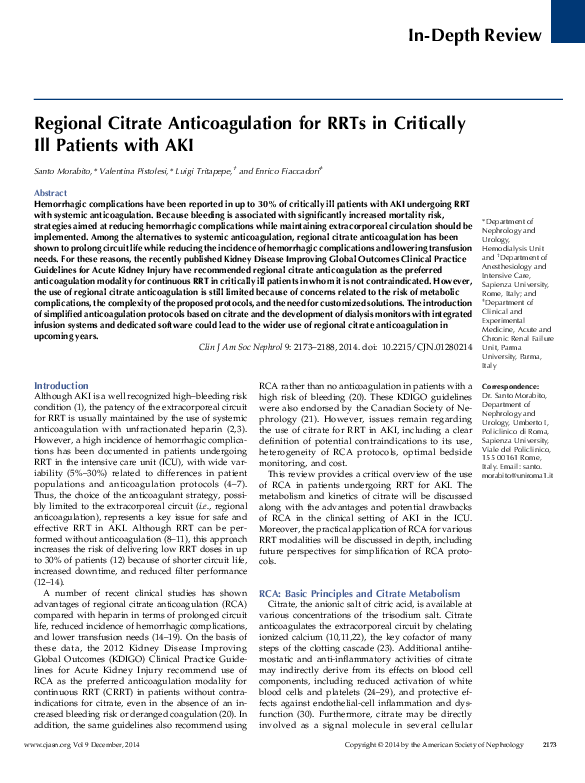 (PDF) Regional Citrate Anticoagulation for RRTs in Critically Ill ...