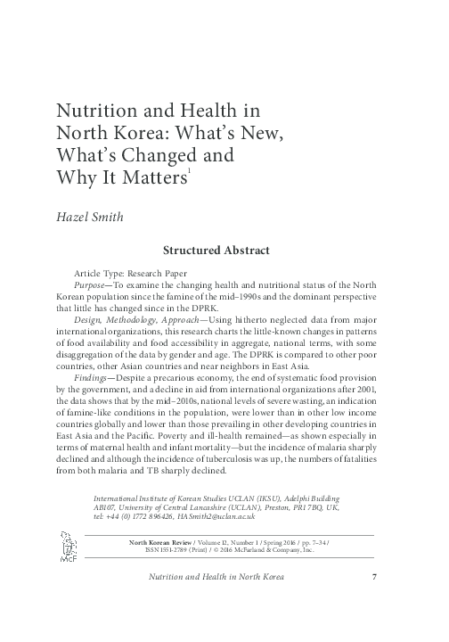 First page of “Nutrition and Health in North Korea: What's New, What's Changed and Why It Matters”