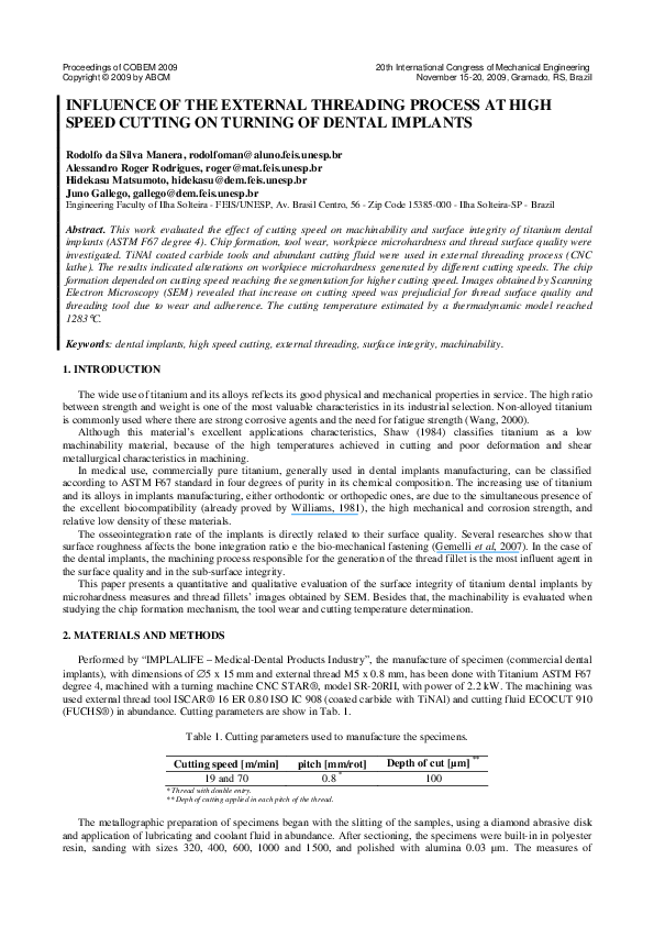 (PDF) Influence of the External Threading Process at High Speed Cutting