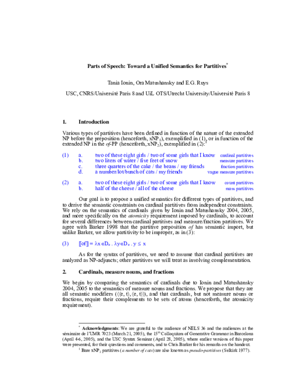 (PDF) Parts of speech: Toward a unified semantics for partitives