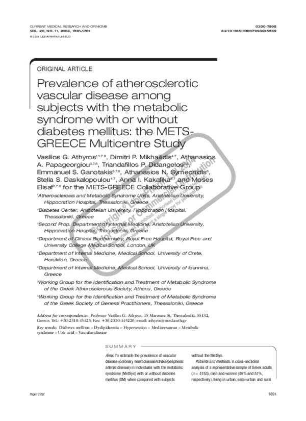(PDF) The prevalence of the metabolic syndrome in Greece: The MetS ...