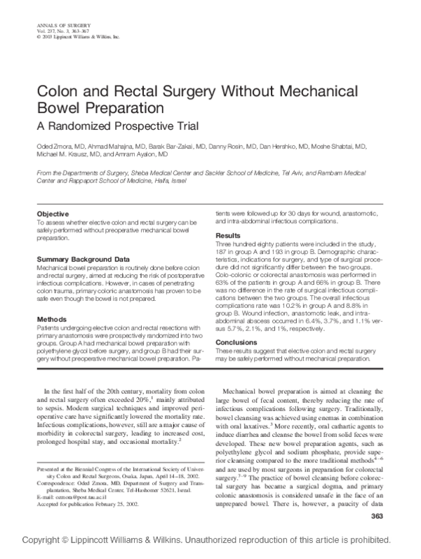 (PDF) Colon and Rectal Surgery Without Mechanical Bowel Preparation