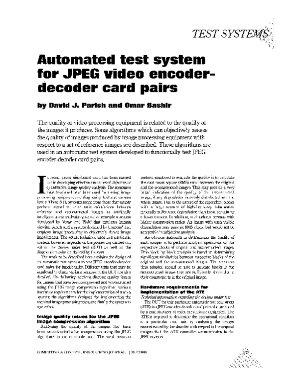 (PDF) Automated test system for JPEG video encoder-decoder card pairs