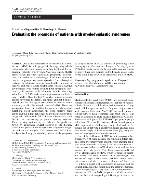 (PDF) Evaluating the prognosis of patients with myelodysplastic syndromes