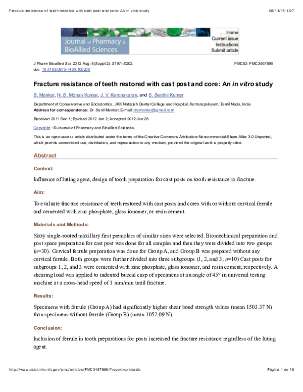 (PDF) Fracture resistance of teeth restored with cast post and core: An ...