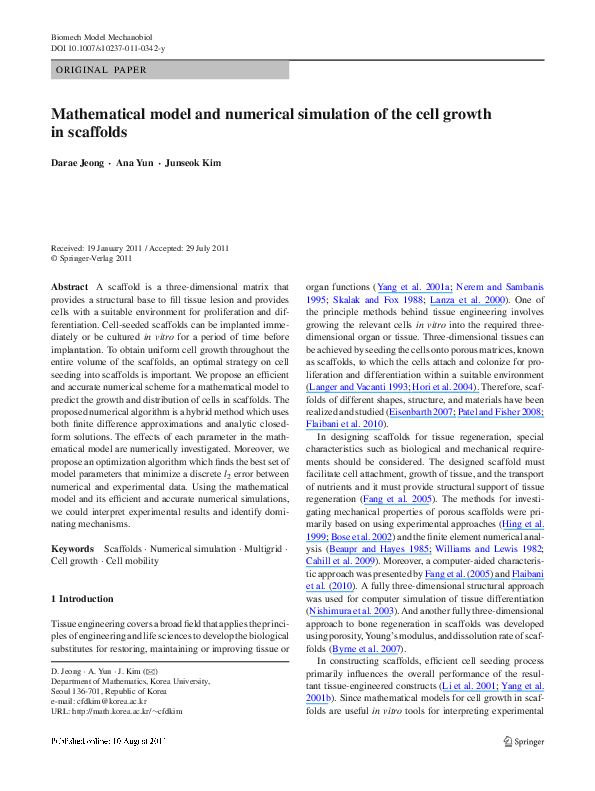 (PDF) Mathematical model and numerical simulation of the cell growth in ...