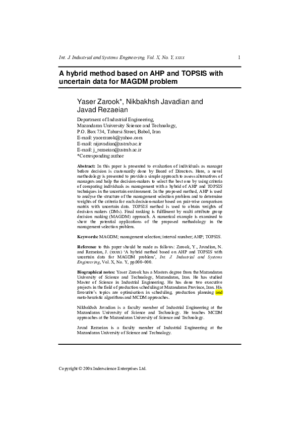 (PDF) A hybrid method based on AHP and TOPSIS with uncertain data for ...