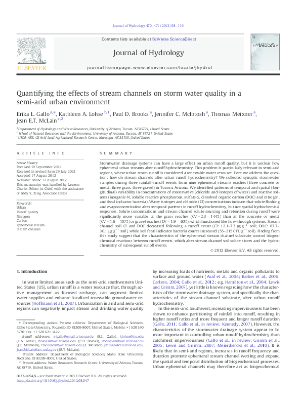 (PDF) Quantifying the effects of stream channels on storm water quality ...