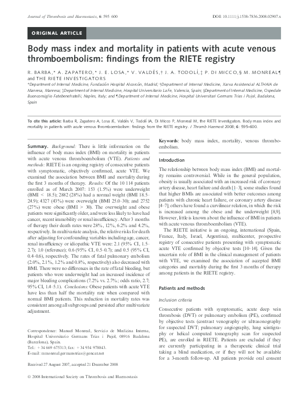 (PDF) Body mass index and mortality in patients with acute venous ...