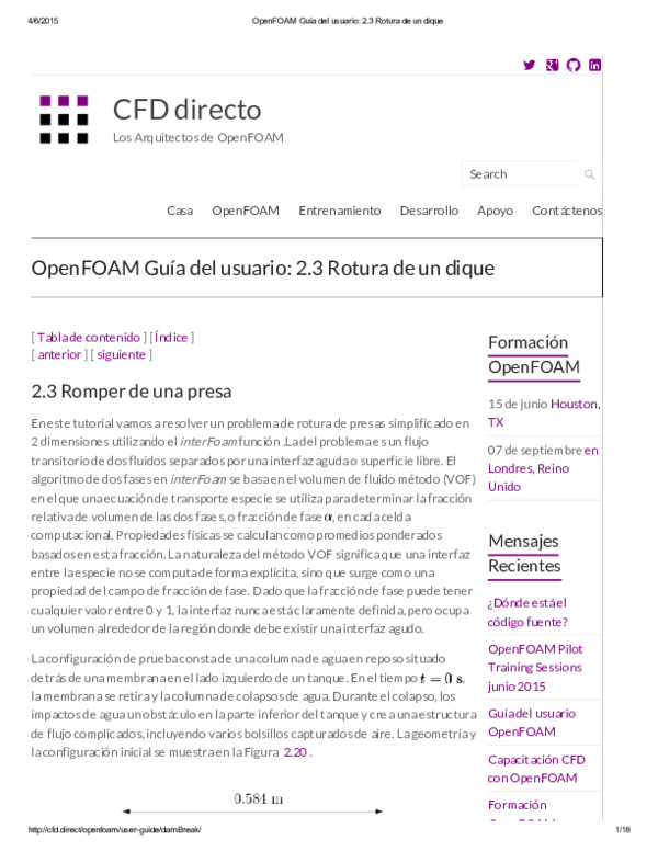 (PDF) OpenFOAM Guía del usuario: 2.3 Rotura de un dique
