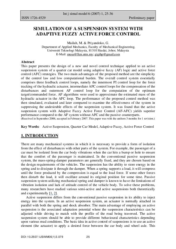 (PDF) Simulation of a suspension system with adaptive fuzzy active ...